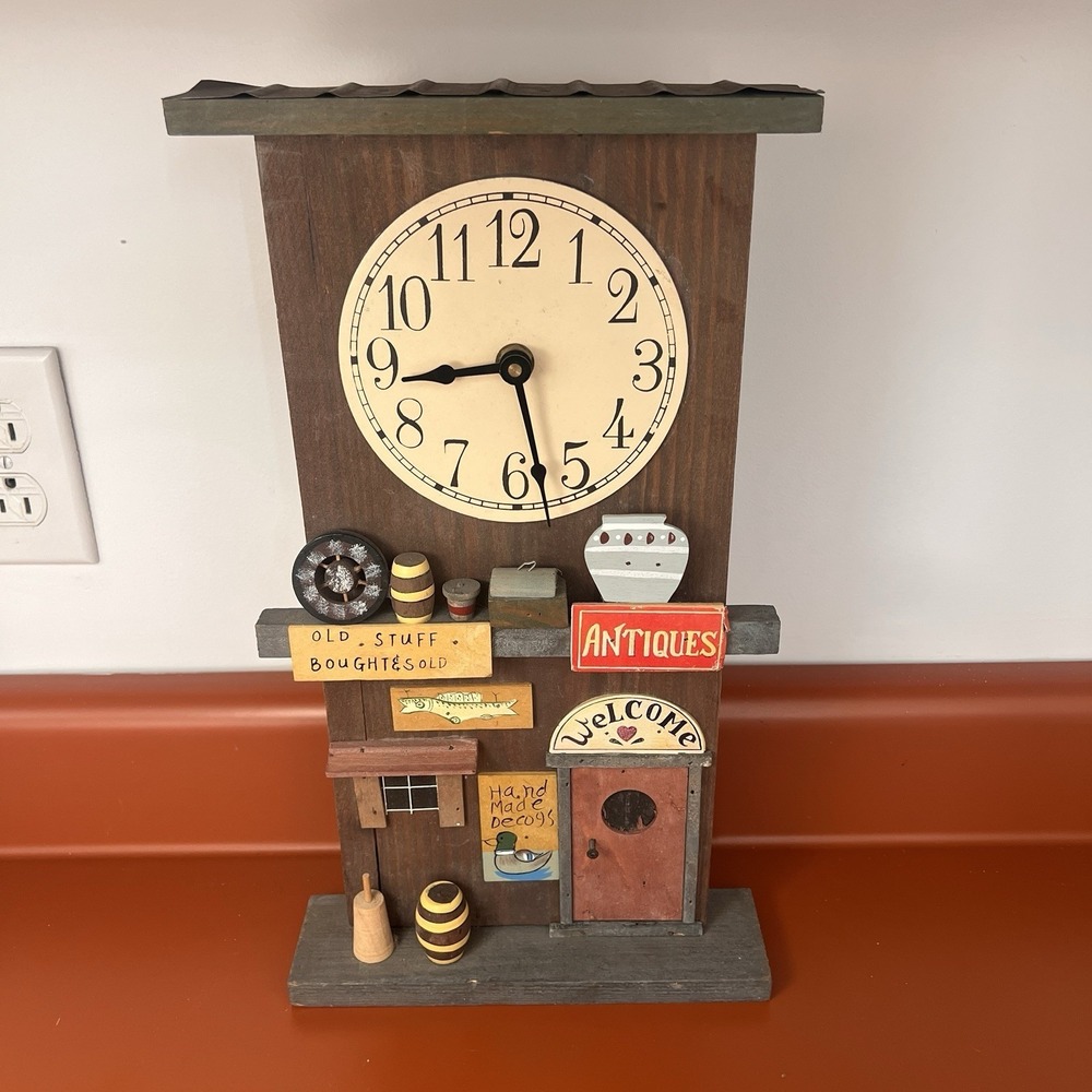 Rustic Wooden Small Town "Antique Store"   3D Store Front Clock Handmade Works